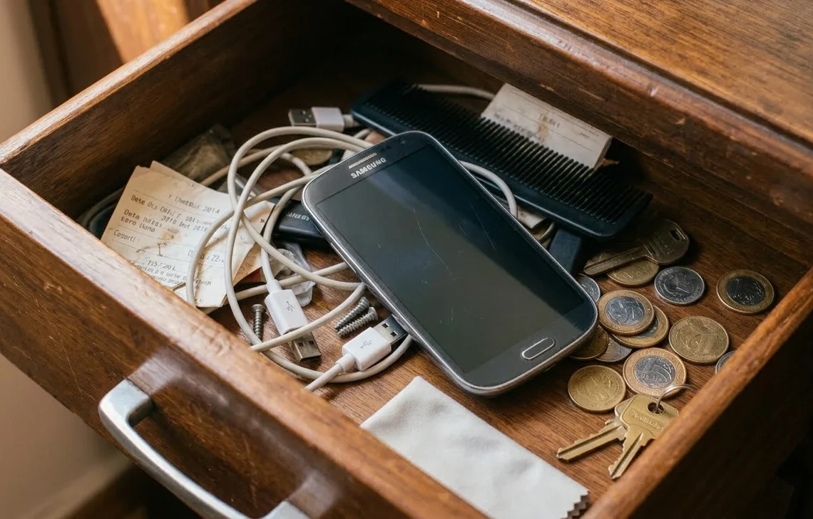 Celular antigo dentro de uma gaveta junto a moedas, cabos antigos e alguns papéis.
