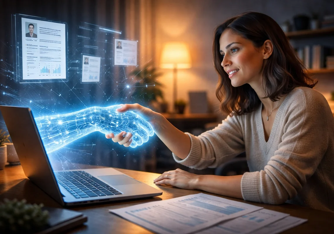 Mulher dá "aperto de mão na IA", que estende um braço digital para fora da tela de um notebook. Explicando como conseguir um emprego home office.