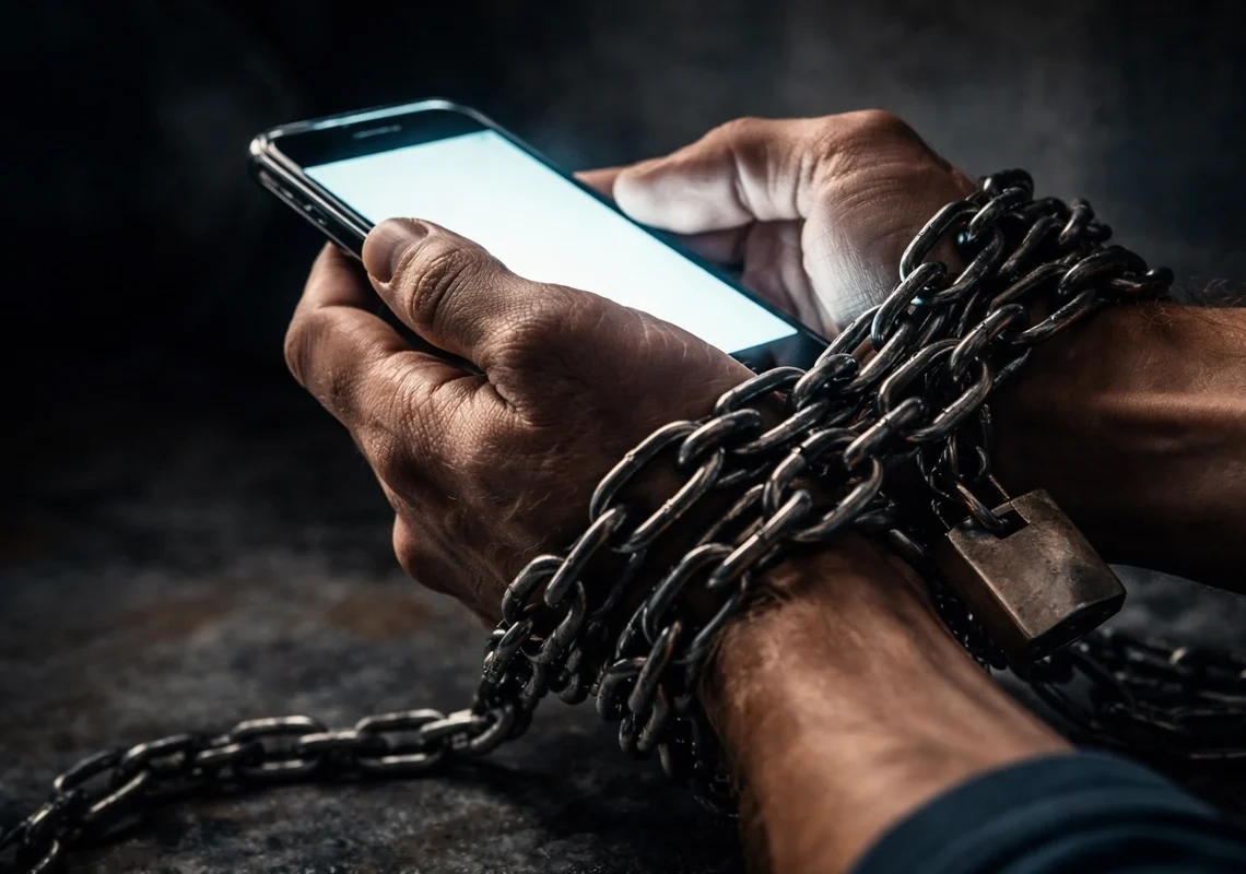 Mãos acorrentadas segurando um celular. Falando sobre vício em celular.