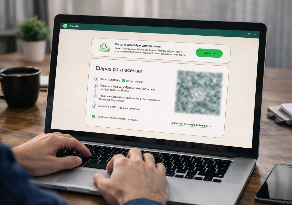 Homem usa WhatsApp Web em seu laptop. Ensinando como entrar no whatsapp web sem o celular.
