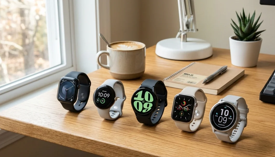 Cinco smartwatches sobre a mesa de um escritório. Decidindo qual é o melhor relógio smartwatch com whatsapp.