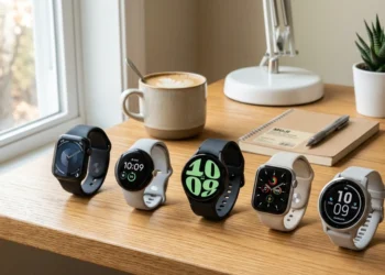 Cinco smartwatches sobre a mesa de um escritório. Decidindo qual é o melhor relógio smartwatch com whatsapp.
