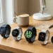 Cinco smartwatches sobre a mesa de um escritório. Decidindo qual é o melhor relógio smartwatch com whatsapp.